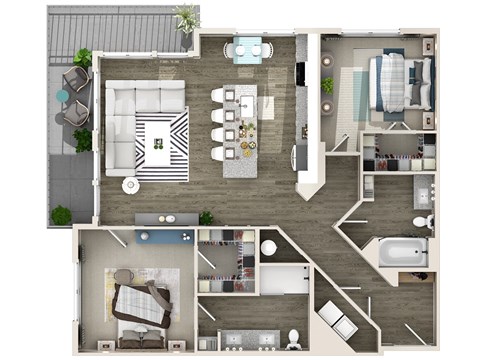 a floor plan of a two bedroom apartment with two bathrooms and a balcony